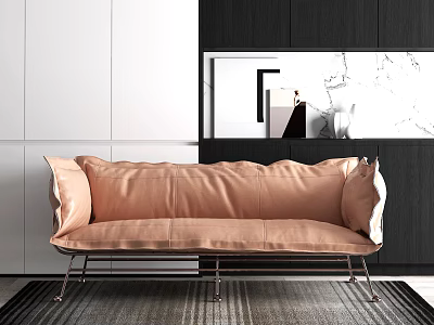 Modern Three-Seater Sofa with Peach Leather Upholstery and Sleek Metal Legs in Minimalist Interior Design 3d model