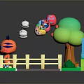 Cute Tiger Figure With Colorful Balloons Apple Tree Road Fence And Clouds
