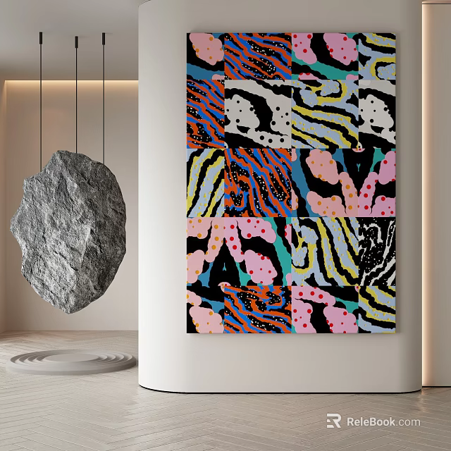 Colorful Abstract Painting With Zebra Stripes Pink Spots In Modern Interior And Hanging Stone Sculpture 3d model 