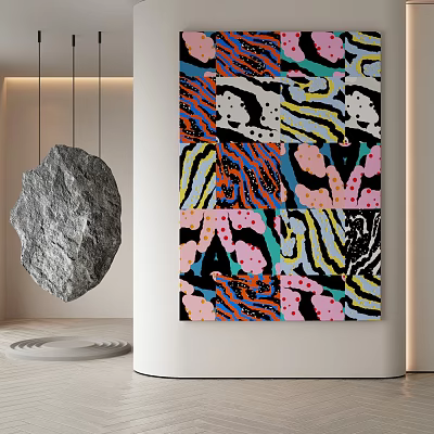 Colorful Abstract Painting With Zebra Stripes Pink Spots In Modern Interior And Hanging Stone Sculpture 3d model