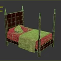 Wooden Four Poster Bed With Carved Headboard Pink Bed Sheets And Gold Patterned Blanket