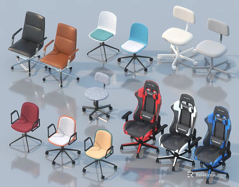 Multiple Colored Ergonomic Office Chairs With Modern Design Rolling Casters And Various Styles 3d model 