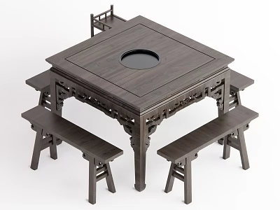 Classic Chinese Dark Wooden Dining Table Set With Square Top Round Hole Center And Benches 3d model