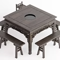 Classic Chinese Dark Wooden Dining Table Set With Square Top Round Hole Center And Benches