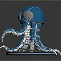 Blue Octopus Robot Game Character With Round Eyes Mechanical Tentacles And Brown Base