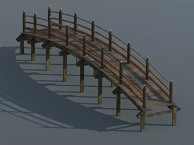 Wooden Curved Bridge with Railing Posts and Support Pillars Structure 3d model