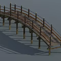 Wooden Curved Bridge with Railing Posts and Support Pillars Structure 3d model