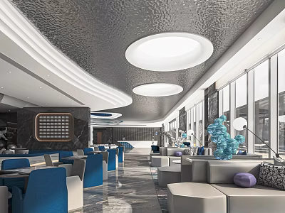 Modern Lounge Area With Blue White Furniture Large Windows And Round Ceiling Lights 3d model