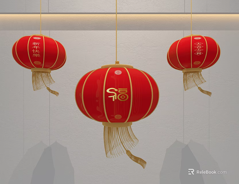 Three Red Lanterns with Golden Fu Characters Hanging on White Wall and Golden Tassels Below 3d model 