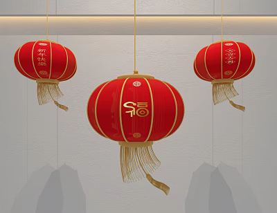 Three Red Lanterns with Golden Fu Characters Hanging on White Wall and Golden Tassels Below 3d model