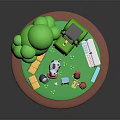 Cartoon Farm Characters With Farmer Children Cow Blue Creature Chick Green Trees And Tractor