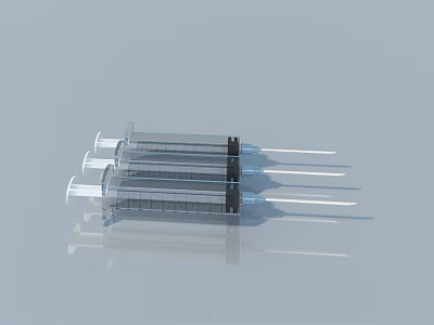 Transparent Syringes With Black Plungers And Metal Needles Stacked On Light Blue Background 3d model