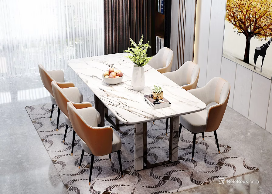 Modern Dining Table Set With Marble Top Six Chairs Vase Fruits And Rug 3d model 
