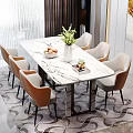 Modern Dining Table Set With Marble Top Six Chairs Vase Fruits And Rug