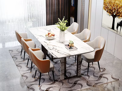 Modern Dining Table Set With Marble Top Six Chairs Vase Fruits And Rug 3d model