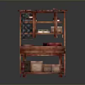 Wooden Multi Tiered Storage Shelf With Various Storage Boxes And Items