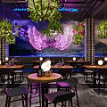 Modern Bar Interior Design With Green Plants Hanging Lights Neon Accents And Wine Racks