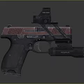 Red And Black Tactical Pistol With Red Dot Sight And Flashlight On Dark Reflective Surface