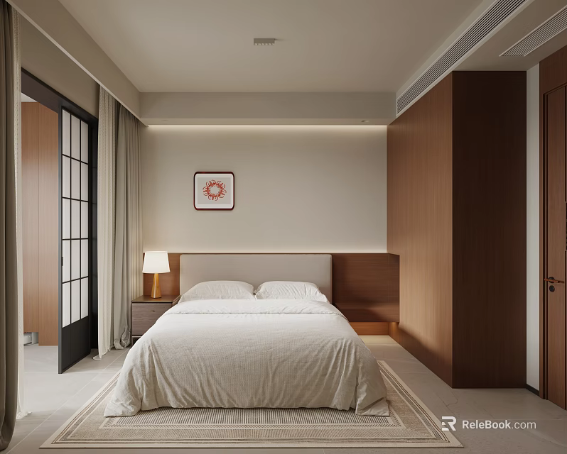 Modern Bedroom Interior With Wooden Headboard White Bedding Area Rug Bedside Lamp And Wall Art 3d model 