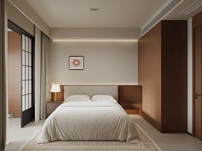 Modern Bedroom Interior With Wooden Headboard White Bedding Area Rug Bedside Lamp And Wall Art 3d model