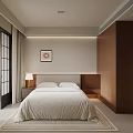 Modern Bedroom Interior With Wooden Headboard White Bedding Area Rug Bedside Lamp And Wall Art