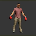 Man Wearing Red T Shirt Beige Pants With Red Boxing Gloves Standing On Grey Background