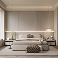 Modern Minimalist Bedroom Interior With Textured Headboard Wall Bedside Tables Hanging Lamp And Soft Rug