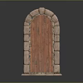 Rustic Arch Wooden Door With Stone Frame And Metal Hinges Design