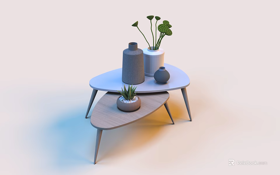 Modern Nested Coffee Tables With Wooden And White Surfaces Potted Plant And Decorative Vases 3d model 