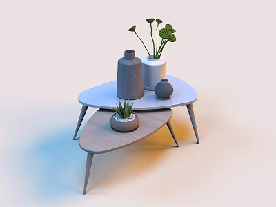 Modern Nested Coffee Tables With Wooden And White Surfaces Potted Plant And Decorative Vases 3d model