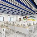 School Computer Classroom With Rows Of Computers Desks Chairs And Ceiling Decor 3d model