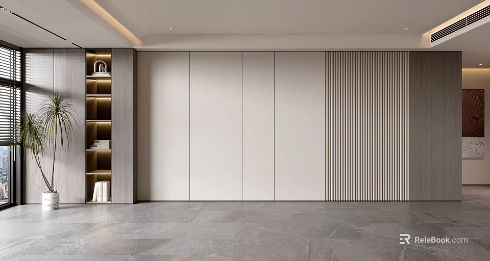 Modern Sofa Backdrop Wall Design With Panel And Striped Accent Interior 3d model