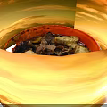 Delicious Dark Soup With Sliced Meat Half Marinated Egg And Croutons In Red Bowl