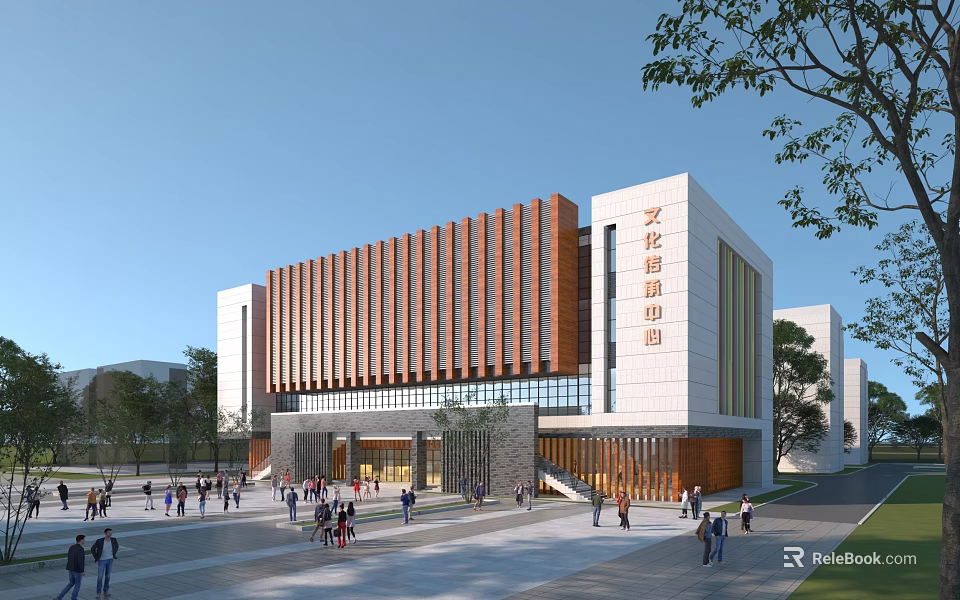 Modern Office Building Featuring Red Brown Vertical Stripes White Exterior Front Plaza And Surrounding Trees 3d model 