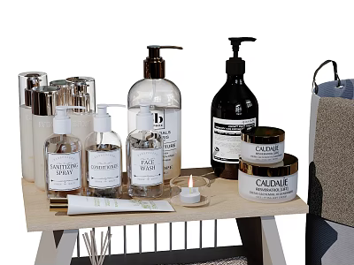 Stylish Bathroom Ensemble With Various Bottles Candle Jars And Wooden Table 3d model