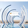 Modern Curved Blue And White Art Installation With Water Reflections And Blue Sky