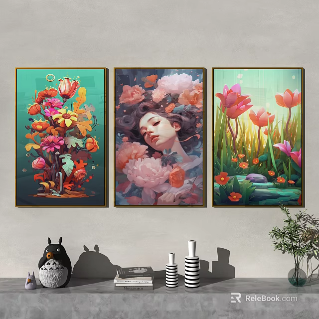 Three Floral Art Paintings With Woman And Lotus Scenes For Wall Decor 3d model 