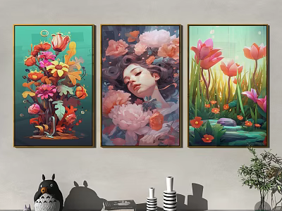 Three Floral Art Paintings With Woman And Lotus Scenes For Wall Decor 3d model