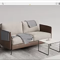Beige Fabric Two Seater Sofa With Gray Blanket And Small Coffee Table