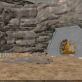 Rock Cave Scene With Textured Rock Walls Arched Doorway Sandy Ground And Orange Interior Silhouette