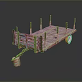 Rusty Wooden Flatbed Trailer With Yellow Wheels And Metal Hitch