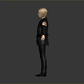 Woman with blonde hair in police uniform standing with arms outstretched against gray background