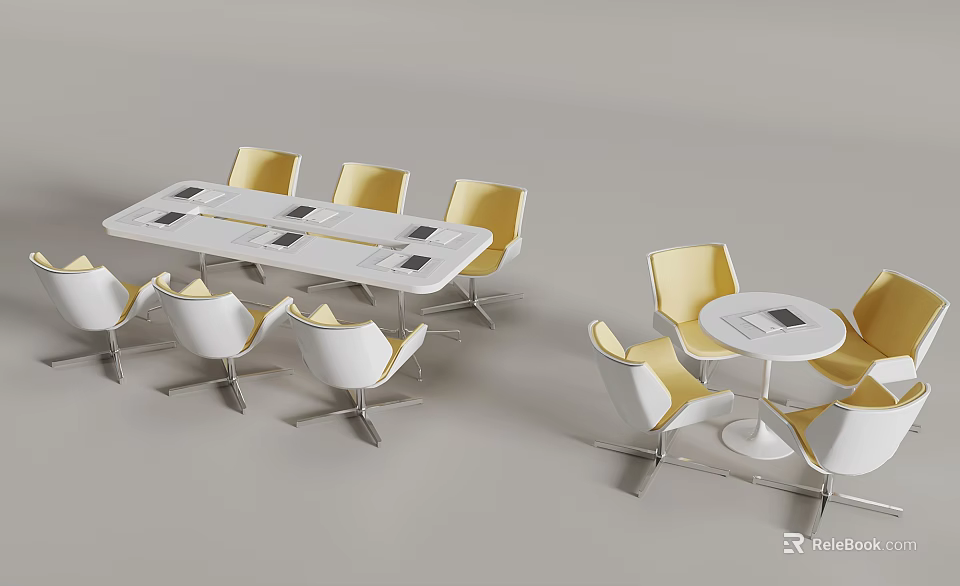Modern Conference Table Design With Rectangular Round Shapes Yellow White Chairs and Tablet Top 3d model