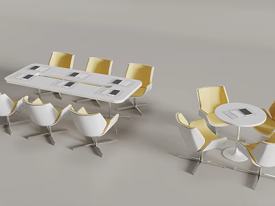 Modern Conference Table Design With Rectangular Round Shapes Yellow White Chairs and Tablet Top 3d model