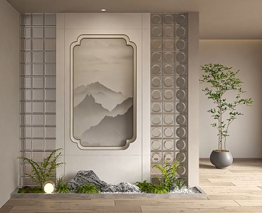 New Chinese style partition landscape indoor landscaping glass brick partition 3d model