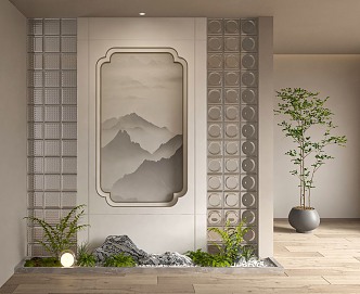 New Chinese style partition landscape indoor landscaping glass brick partition 3d model