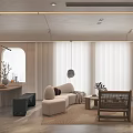Modern Living Dining Room With Beige Sofa Wooden Coffee Table Simple Lighting And Floor to Ceiling Windows