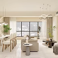 Modern Dining and Living Room Interior With White Cabinets Pendant Lights Shelves and Plants
