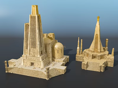 Decorative Sand Colored Architectural Models Featuring Pointed Spires Domed Roofs And Tall Towers 3d model