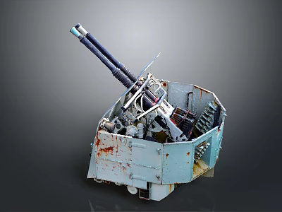 Vintage Dual Barrel Military Weapon With Rusty Metal Structure And Artillery Design 3d model